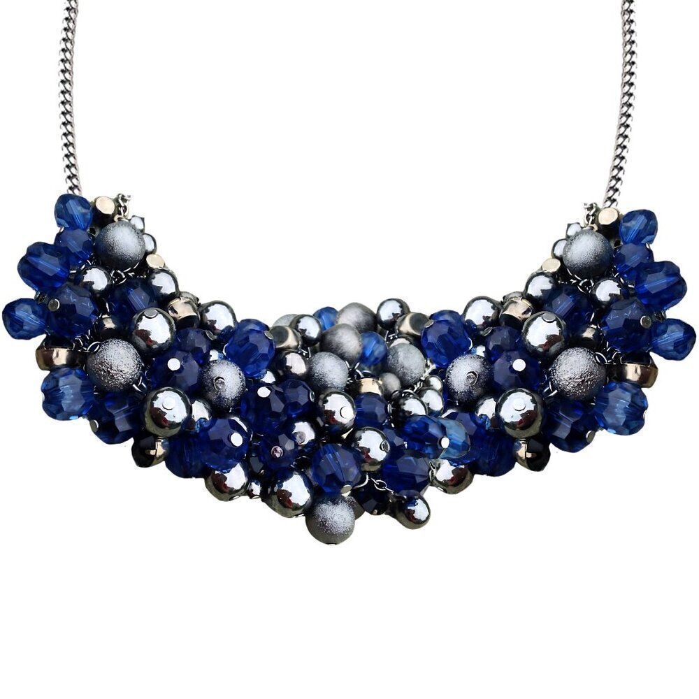 NWT Vintage Chunky Cluster Blue Gun Metal Beaded Cocktail Statement Necklace Bib